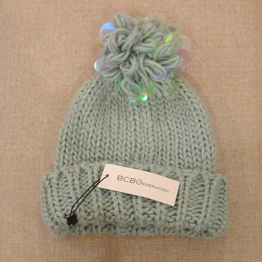 NEW BCBGeneration Light Blue Iridescent Sequin Pom Pom Beanie Cozy Winter Hat